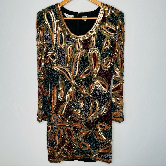 VINTAGE Grace Originals Silk Heavily Beaded & Sequined Formal Dress. Size Medium - Picture 3 of 15